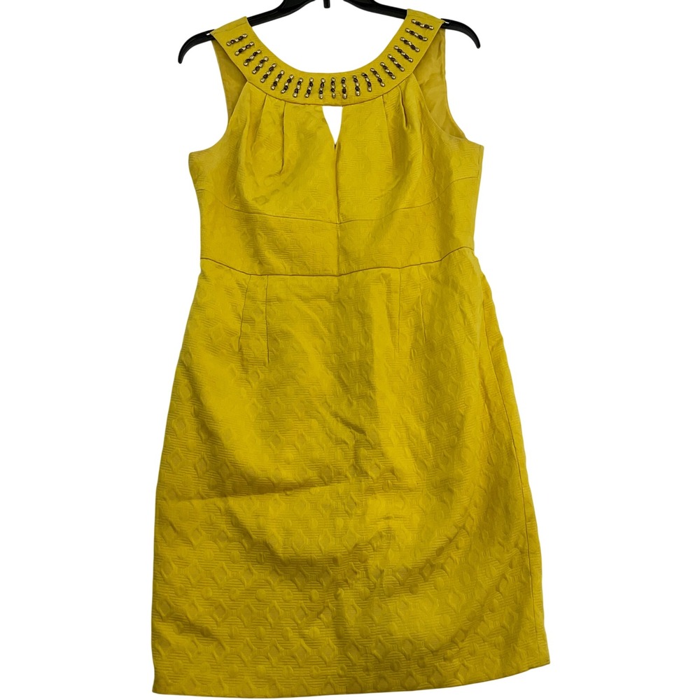 Muse Yellow Textured Jacquard Embellished Neckline Sheath Dress‎ Size 14